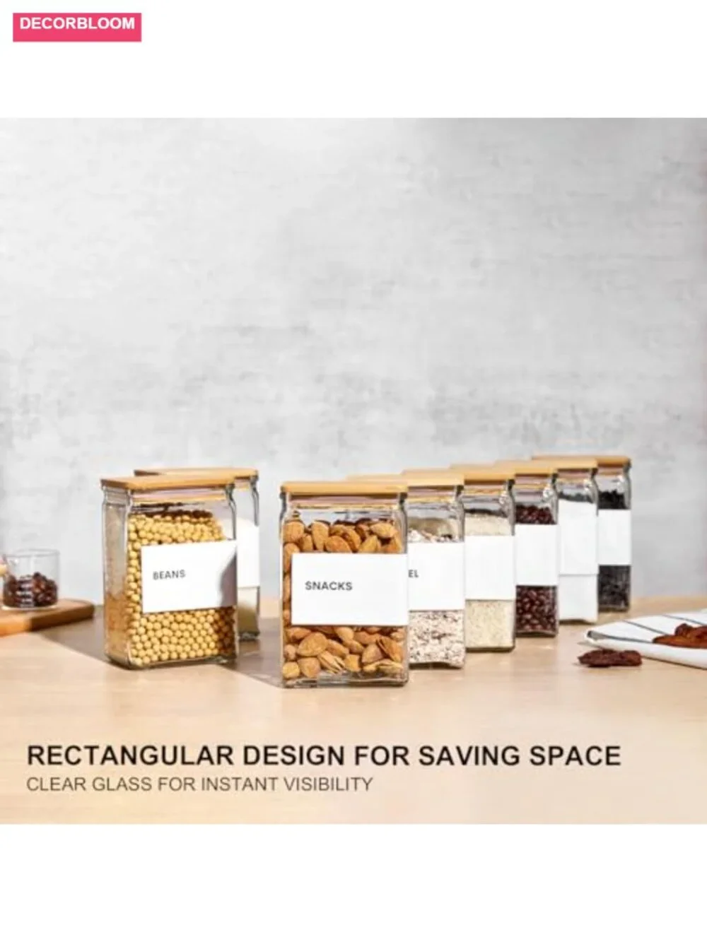 Glass Storage Jars with Bamboo Lids, 27oz Square Spice Jars for Kitchen Pantry